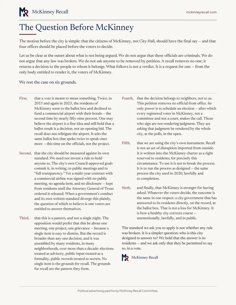 Full-page preview of The Question Before McKinney handout