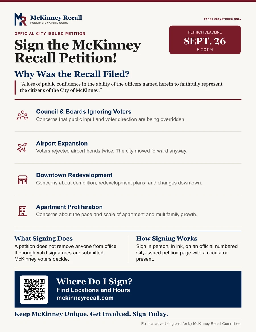 Full-page preview of the standard McKinney Recall petition handout