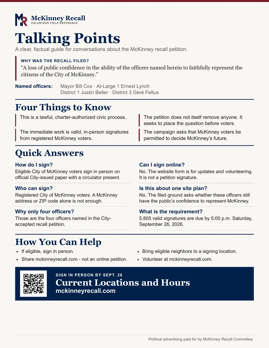 Full-page preview of the McKinney Recall volunteer talking points