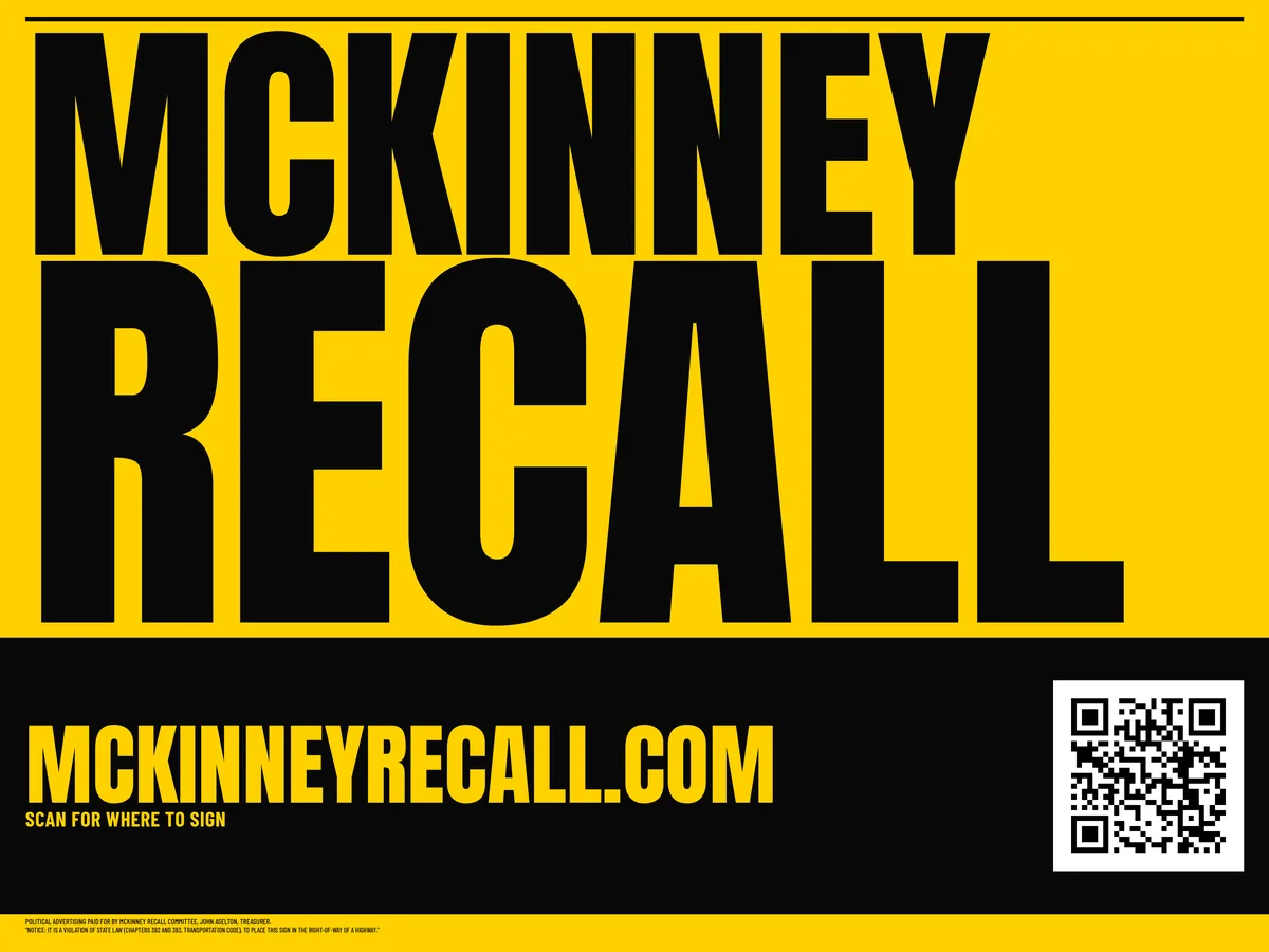 Full-size preview of the approved yellow and black McKinney Recall yard sign