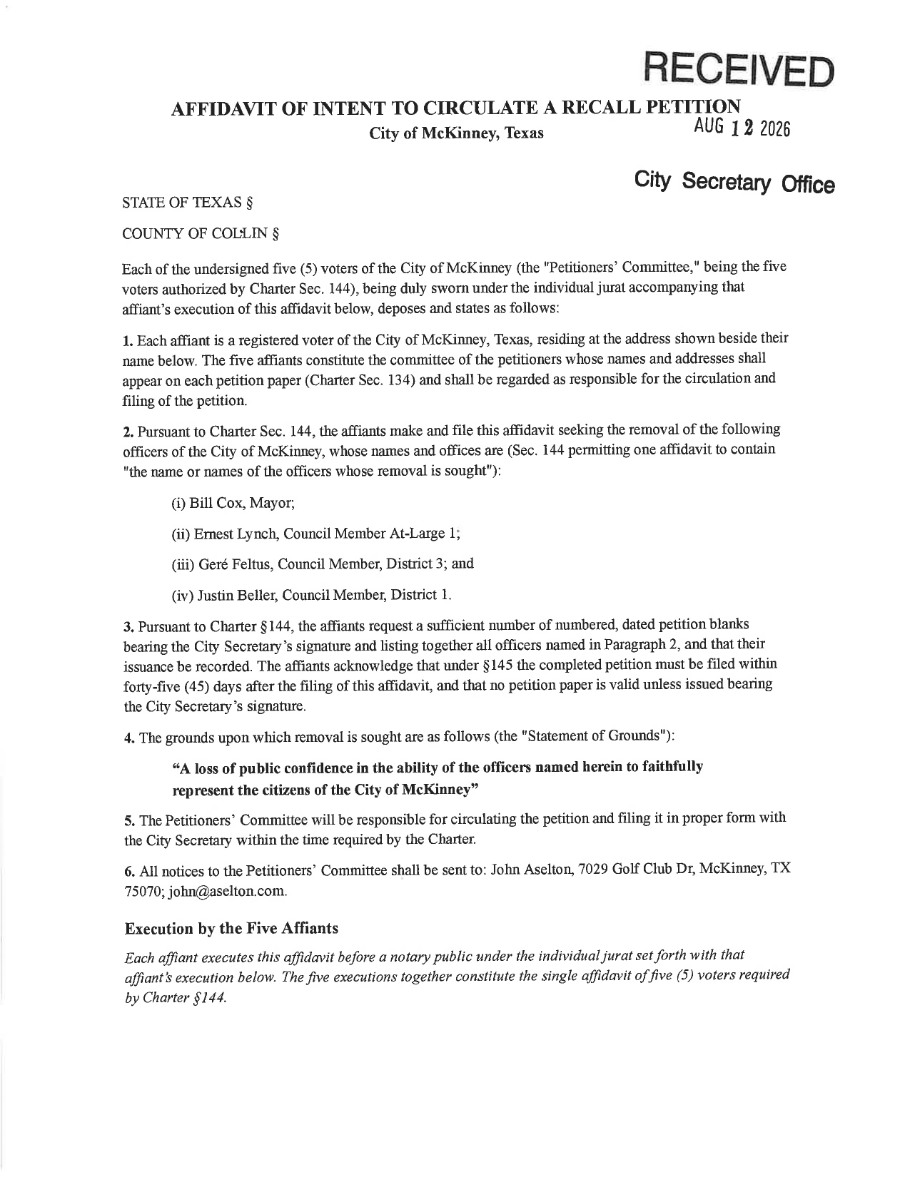 Scanned first page of the affidavit of intent to circulate a recall petition filed with the City of McKinney